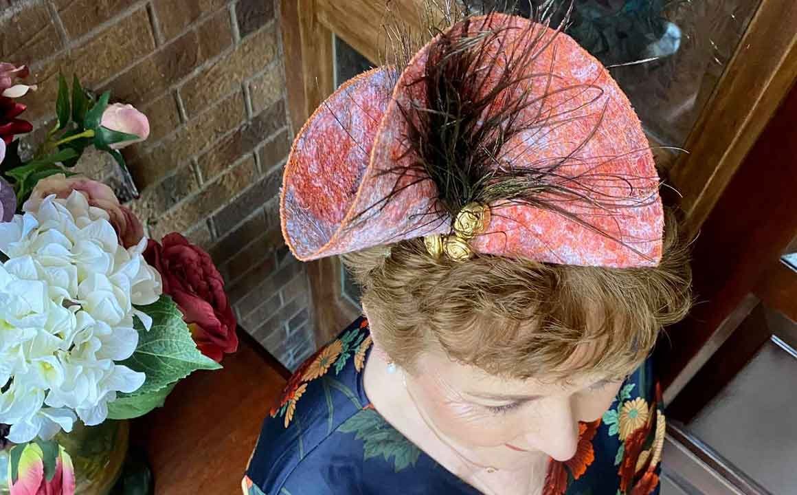 Margaret O' Rourke wearing Irish Design Saraden Designs Millinery Atelier